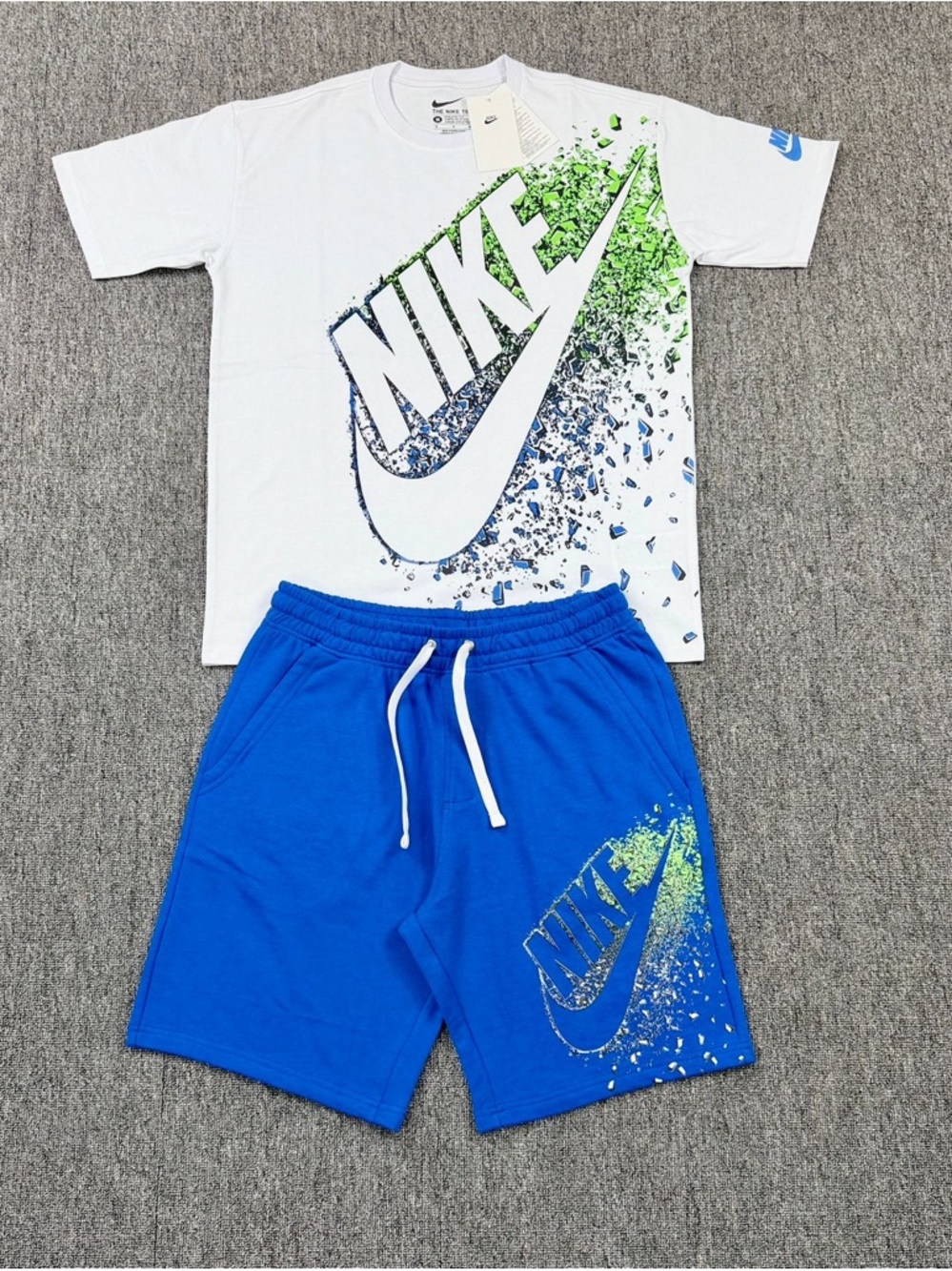 Nike White Tee and Royal Blue Shorts with Lime Accent